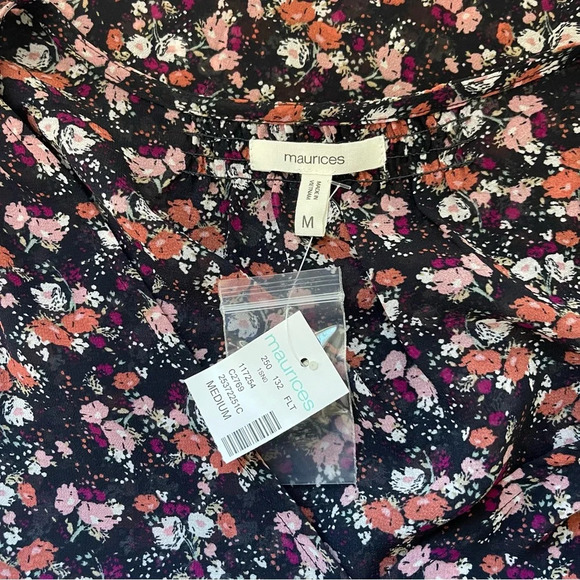 Maurices Blouse Black Pink Ditsy Floral V-neck Button Front NWT Medium Women’s - Picture 8 of 10